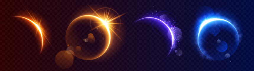 Moon eclipse light flare horizon space background. Abstract sunrise ring sparkle on earth planet design set. Gold, blue and purple crescent orbit edge glow with magic realistic cloud smoke shine. - obrazy, fototapety, plakaty