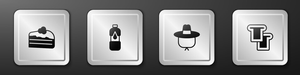 Set Piece of cake, Bottle water, Camping hat and Bread toast icon. Silver square button. Vector