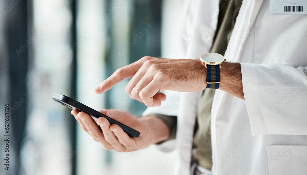 Poster Hands, phone and man doctor typing message, social media or planning online schedule in a hospital. Telehealth, search and male healthcare expert with smartphone for advice, chat or research check