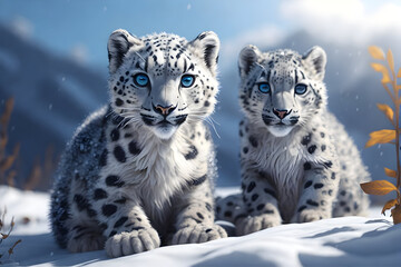 two small cute snow leopards with bluish eyes, generative AI
