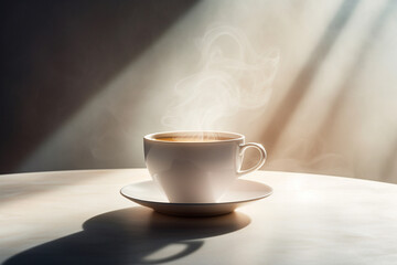 Coffee cup on the table in the morning light with copy space