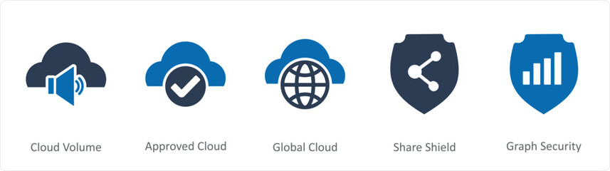 A set of 5 Internet icons as cloud volume, approve cloud, global cloud