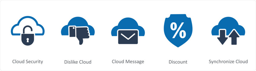 A set of 5 Internet icons as cloud security, dislike cloud, cloud message