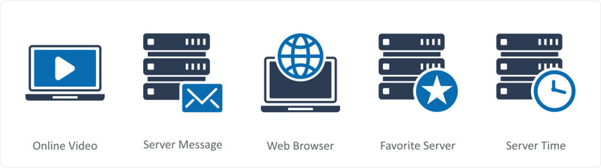 A set of 5 Internet icons as online video, server message, web browser