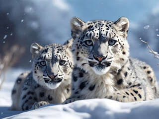 Obraz premium two small cute snow leopards with bluish eyes, generative AI 
