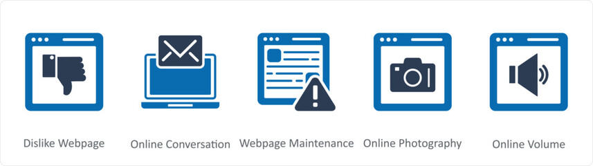 A set of 5 Internet icons as dislike webpage, online conversation, webpage maintenanc