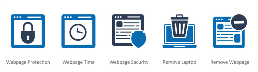 A set of 5 Internet icons as webpage protection, webpage time, webpage security