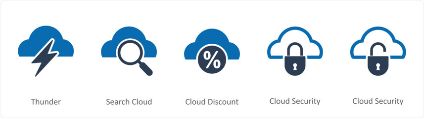 A set of 5 Internet icons as thunder, search cloud, cloud discount