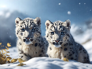 Fototapeta premium two small cute snow leopards with bluish eyes, generative AI 