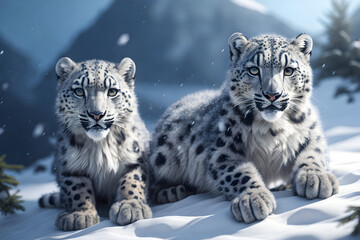 two small cute snow leopards with bluish eyes, generative AI
