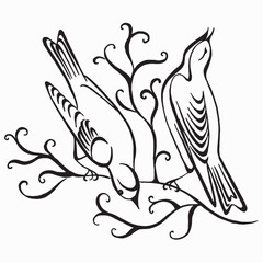 Ornament with birds and branches. Graceful black and white ink drawing. Linear drawing. Hand drawn ink pattern. Silhouette of birds sitting on branches. Vector floral illustration.
