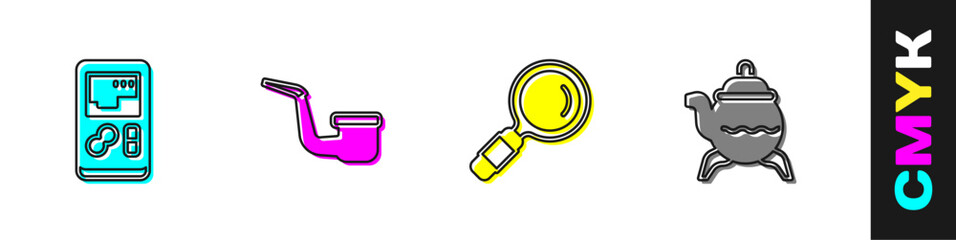 Set Portable video game console, Smoking pipe, Magnifying glass and Classic teapot icon. Vector