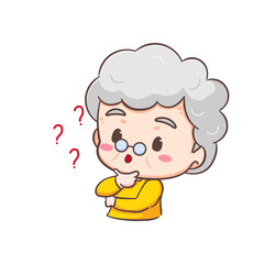 Obraz na płótnie Canvas Cute Grand mother thinking of idea with light bulb sign cartoon character. People expression concept design. Isolated background. Vector art illustration.