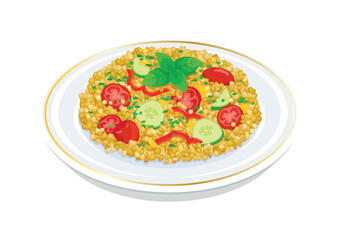 Couscous or bulgur with tomatoes and cucumbers icon vector. Cherry tomato couscous salad on a plate icon vector isolated on a white background. Vegetable couscous drawing