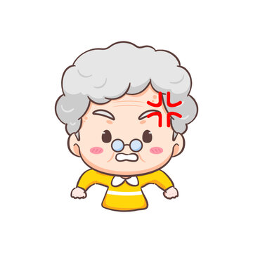 Cute Grand mother angry cartoon character. People expression concept design. Isolated background. Vector art illustration.