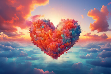 Beautiful colorful valentine day heart in the clouds as abstract background. Generative ai