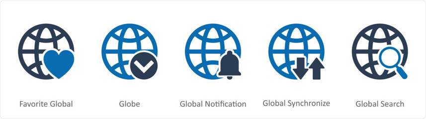 A set of 5 Internet icons as favorite global, globe, global notification