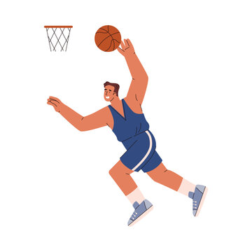 Basketball Player Man In Jump Raised Hand With The Ball Up, Preparing To Throw Into The Hoop Cartoon Vector Illustration