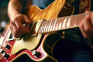 close-eup to guitar while someone is playing