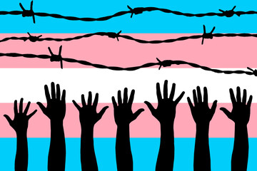 Obraz premium LGBTQI, trans and intersex rights concept. Human hands over Transgender pride flag on background