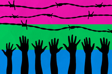 LGBTQI, trans and intersex rights concept. Human hands over r Polysexual pride flag on background