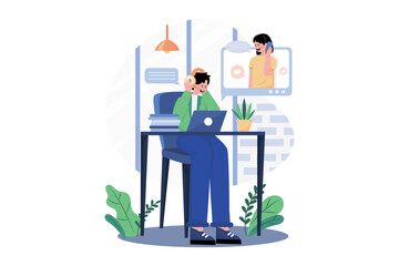 Call center agent with headset working on the support hotline