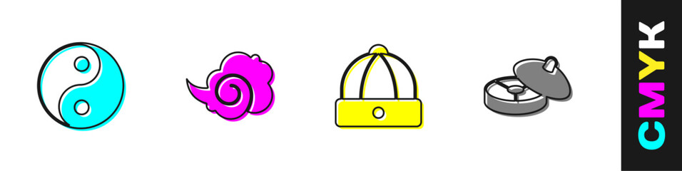 Set Yin Yang symbol, Magic fog or smoke, Chinese hat and tea ceremony icon. Vector