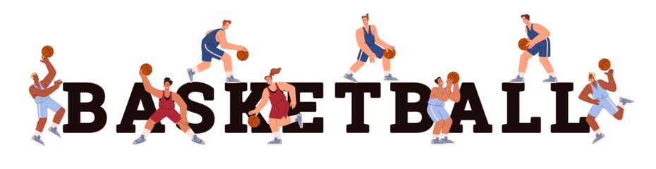 Cartoon capital big letters basketball and players on them vector banner, basketball player with ball in different poses