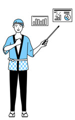業績グラフを分析するす夏祭りの法被を着た男性