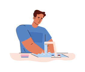 Smiling boy washing hands flat style, vector illustration