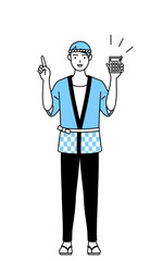 電卓を持って指さす夏祭りの法被を着た男性