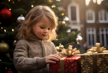 Fototapeta na wymiar Christmas Joy: A Happy Child Unwrapping a Surprise Gift