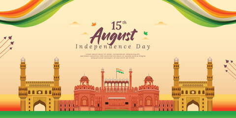 indian happy independence day orange and green color background with red fort social media post design