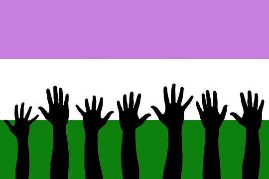 LGBTQI, trans and intersex rights concept. Human hands over Genderqueer pride flag on background