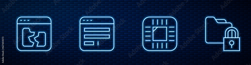 Poster set line processor with cpu, broken file, browser window and folder and lock. glowing neon icon on b