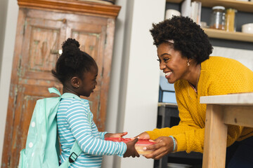 Happy african american mother and daughter preparing lunch for school in kitchen at home