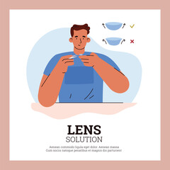 Contact lenses solution advertising poster, man inserting lenses, flat vector illustration.