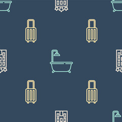 Set line Hotel building, Suitcase and Bathtub with shower on seamless pattern. Vector