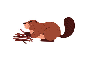Cute funny beaver folds branches side view flat style, vector illustration - obrazy, fototapety, plakaty
