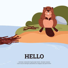Squared banner with cute beaver sitting on shore flat style