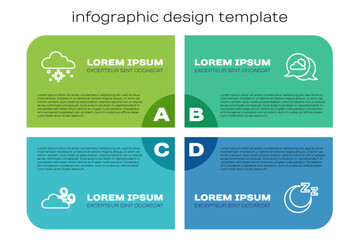 Set line Windy weather, Cloud with snow, Time to sleep and Location cloud. Business infographic template. Vector