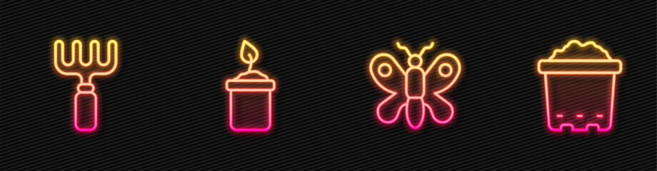 Set line Butterfly, Garden rake, Sprout in bottle and Pot with soil. Glowing neon icon. Vector