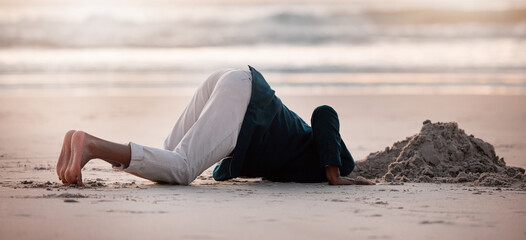 Search, digging and a man in the beach sand in nature for travel fun or holiday adventure in...