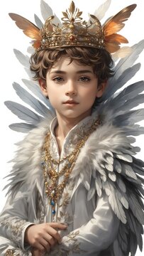 beautiful fairy teenage boy, isolated on white, dressed royally in a feathered suit and butterfly-style crown with digital painting for creative projects