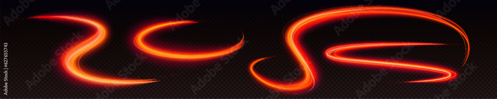 Wall mural neon light lines and swirls. abstract effect of speed motion with red glow, shine and sparkles isola