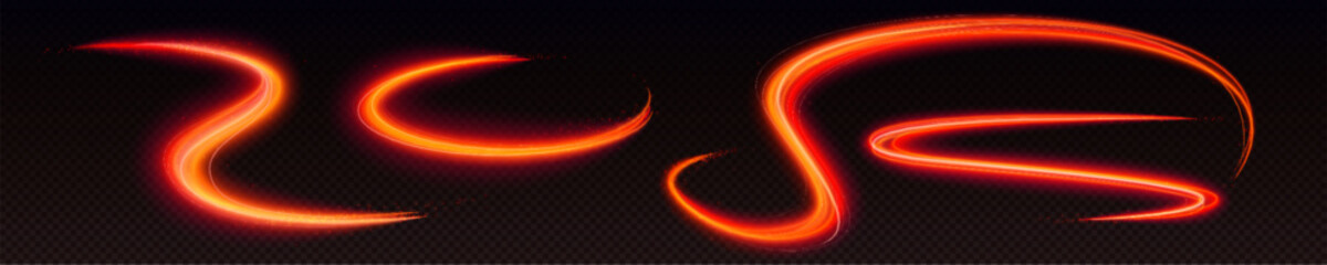 Neon light lines and swirls. Abstract effect of speed motion with red glow, shine and sparkles isolated on transparent background, vector realistic illustration