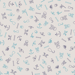Vector abstract seamless pattern with skull, crossbones, pirate flag, swords and other nautical symbols. Vintage background with hand-drawn sketches, ink blots and stains.