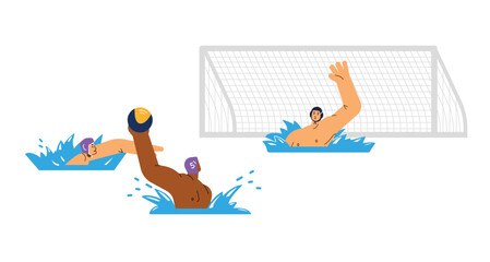 Water polo field players and goalkeeper throwing ball, flat vector illustration isolated on white background.