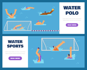 Water polo sport competition banners bundle with players vector illustration.