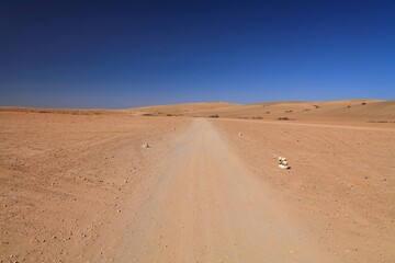 Fototapeta na wymiar Agafay desert landscape near Marrakech, Morocco. Desert dirt road.